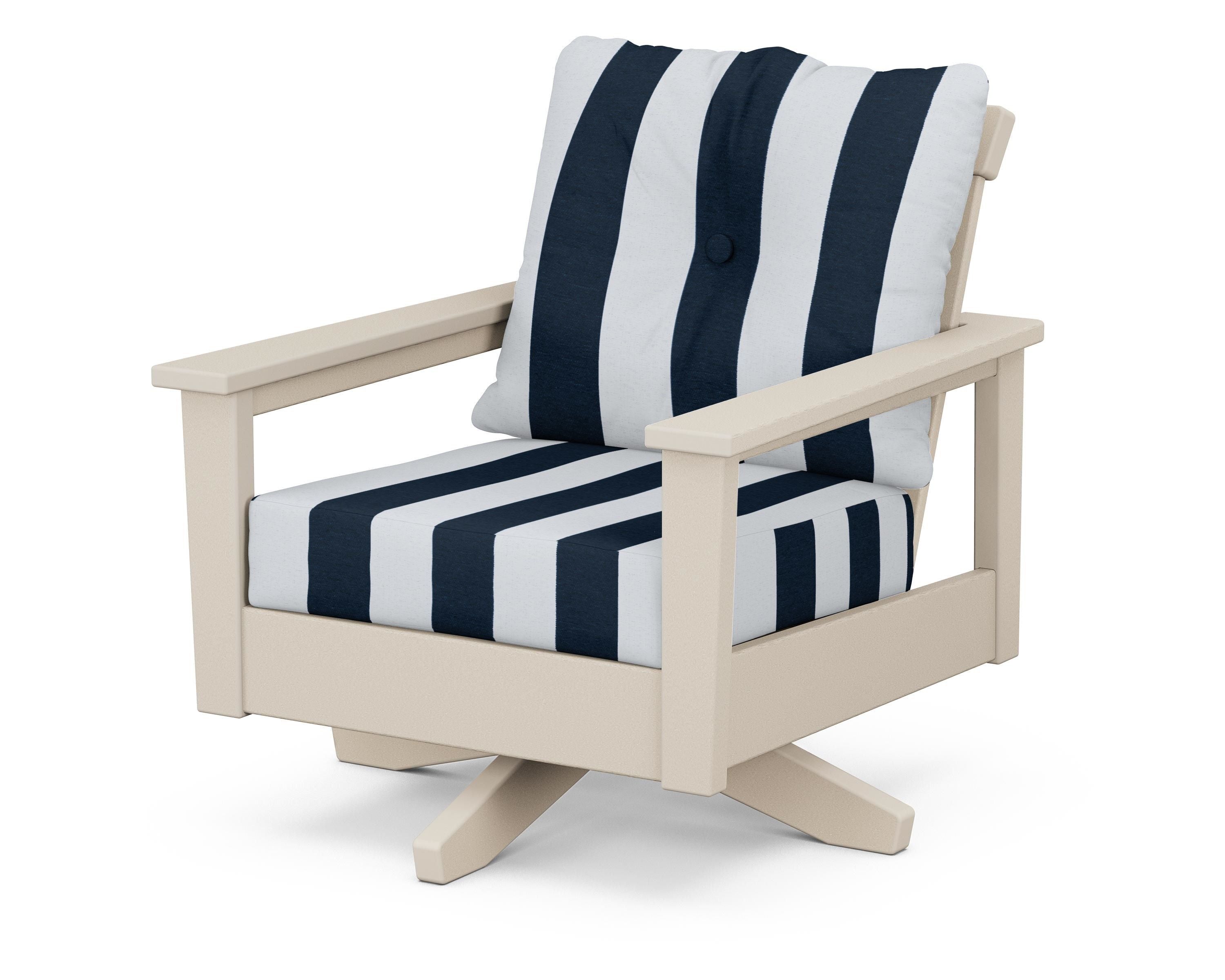 POLYWOOD® Prescott Deep Seating Swivel Chair in Sand / Cabana Stripe Marine Indigo