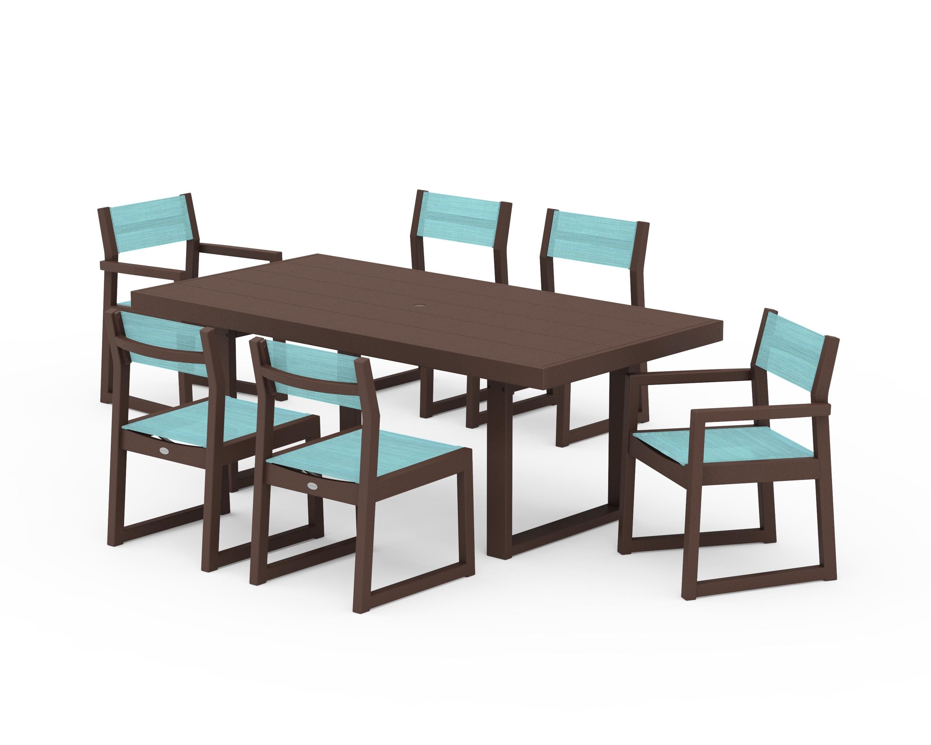 POLYWOOD® EDGE Sling 7-Piece Dining Set in Mahogany / Dupioni Aquamarine Sling
