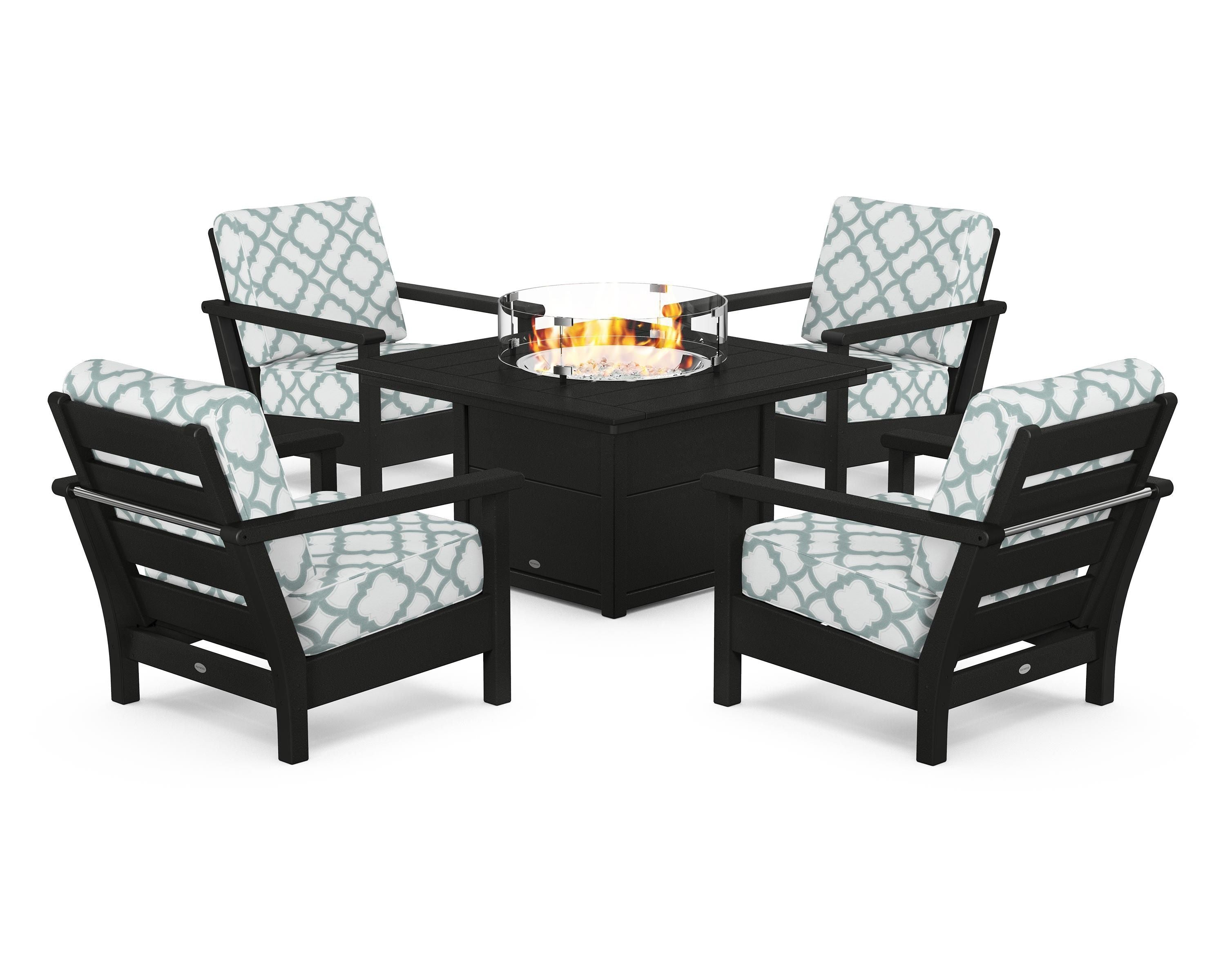 POLYWOOD® Harbour 5-Piece Conversation Set with Fire Pit Table in Black / Trellis Glacier Spa
