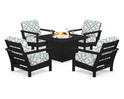 POLYWOOD® Harbour 5-Piece Conversation Set with Fire Pit Table in Black / Trellis Glacier Spa
