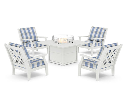 Country Living Wovendale 5-Piece Deep Seating Set with Fire Pit Table in White / Buffalo Plaid Sky Blue