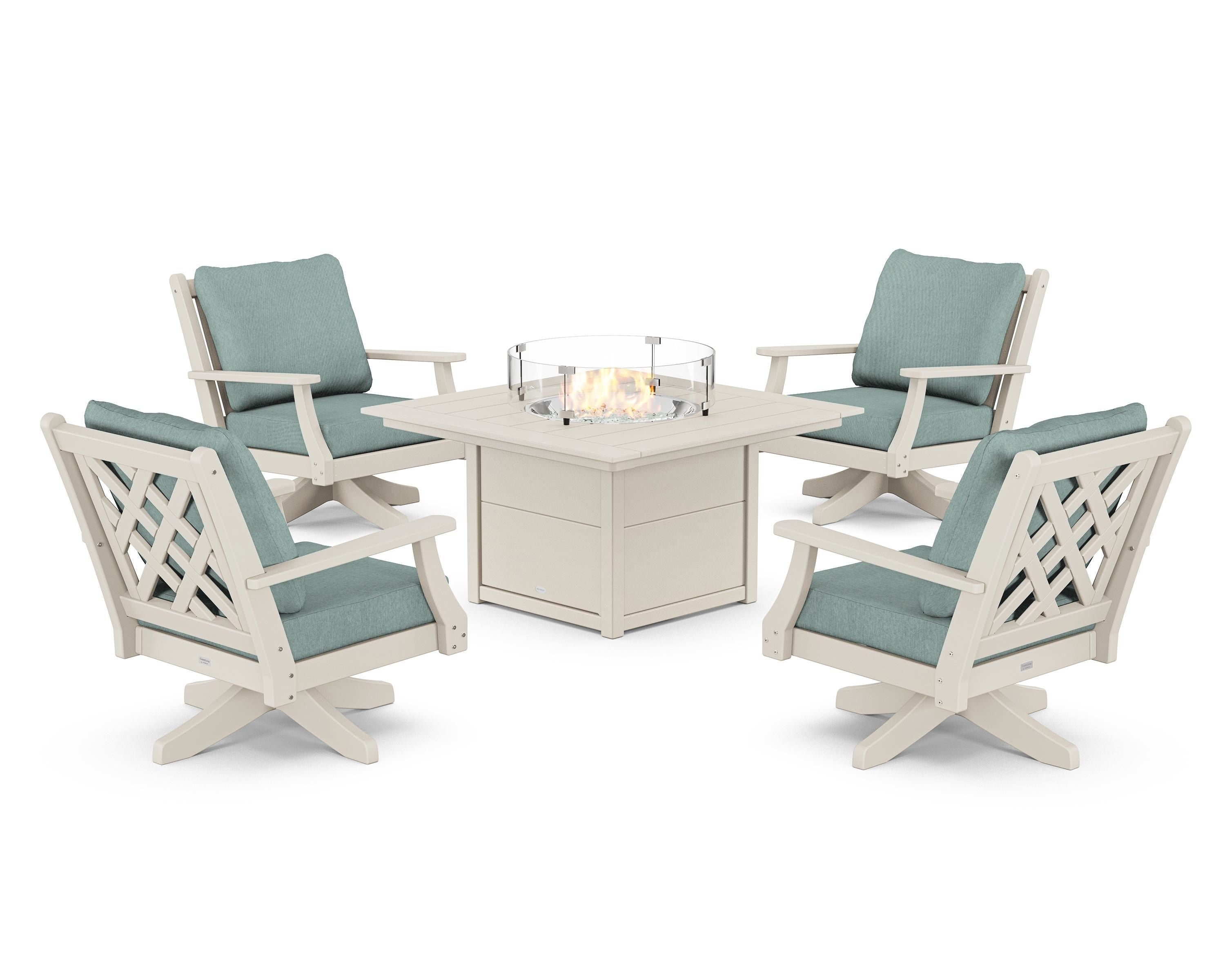 Country Living Wovendale 5-Piece Deep Seating Swivel Conversation Set with Fire Pit Table in Sand / Glacier Spa