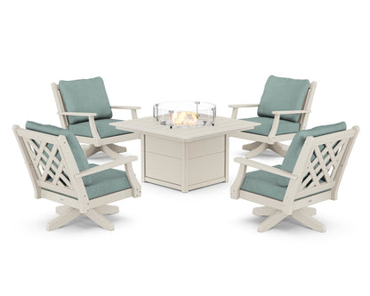 Country Living Wovendale 5-Piece Deep Seating Swivel Conversation Set with Fire Pit Table in Sand / Glacier Spa
