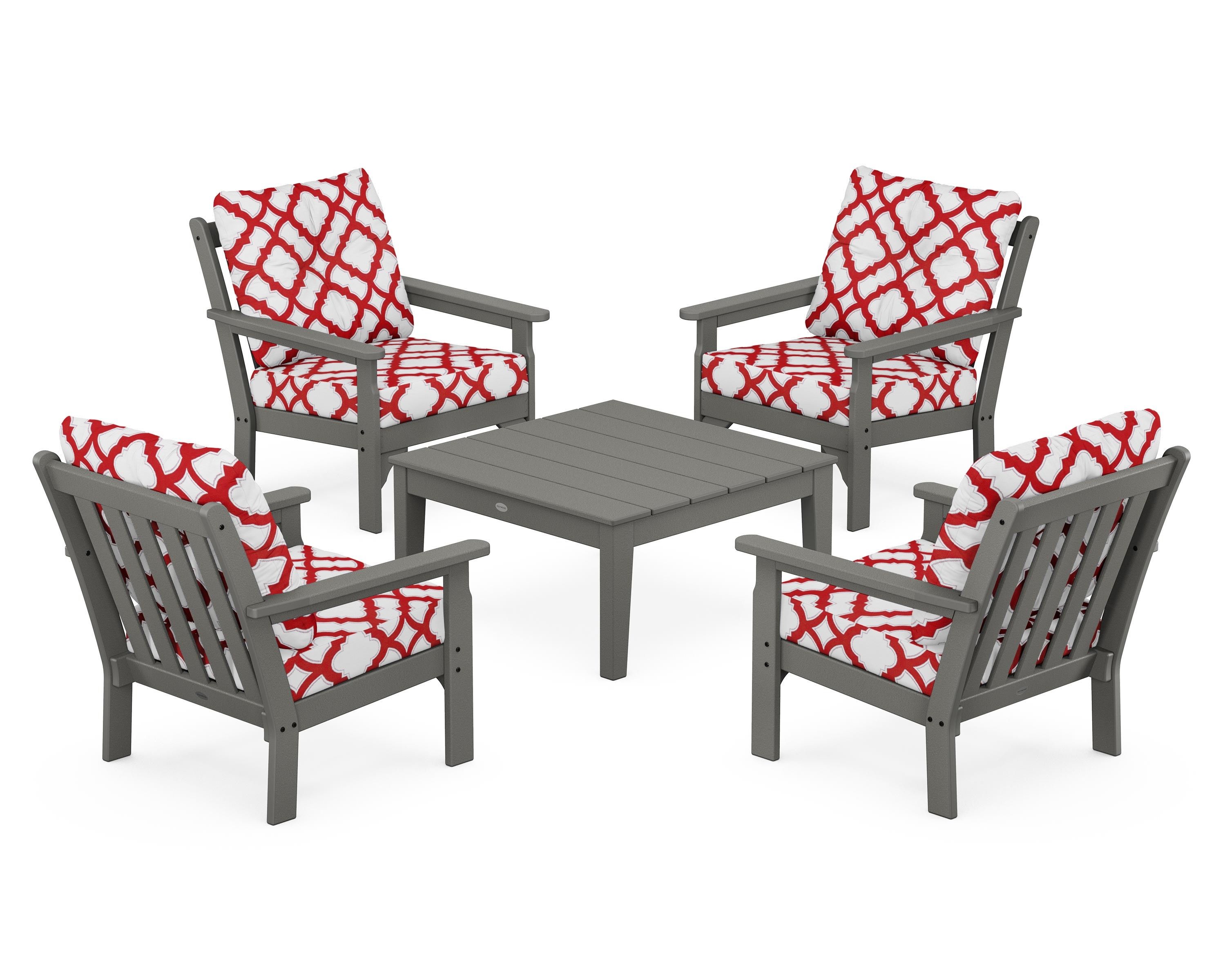POLYWOOD® Vineyard 5-Piece Deep Seating Conversation Set in Slate Grey / Trellis Crimson
