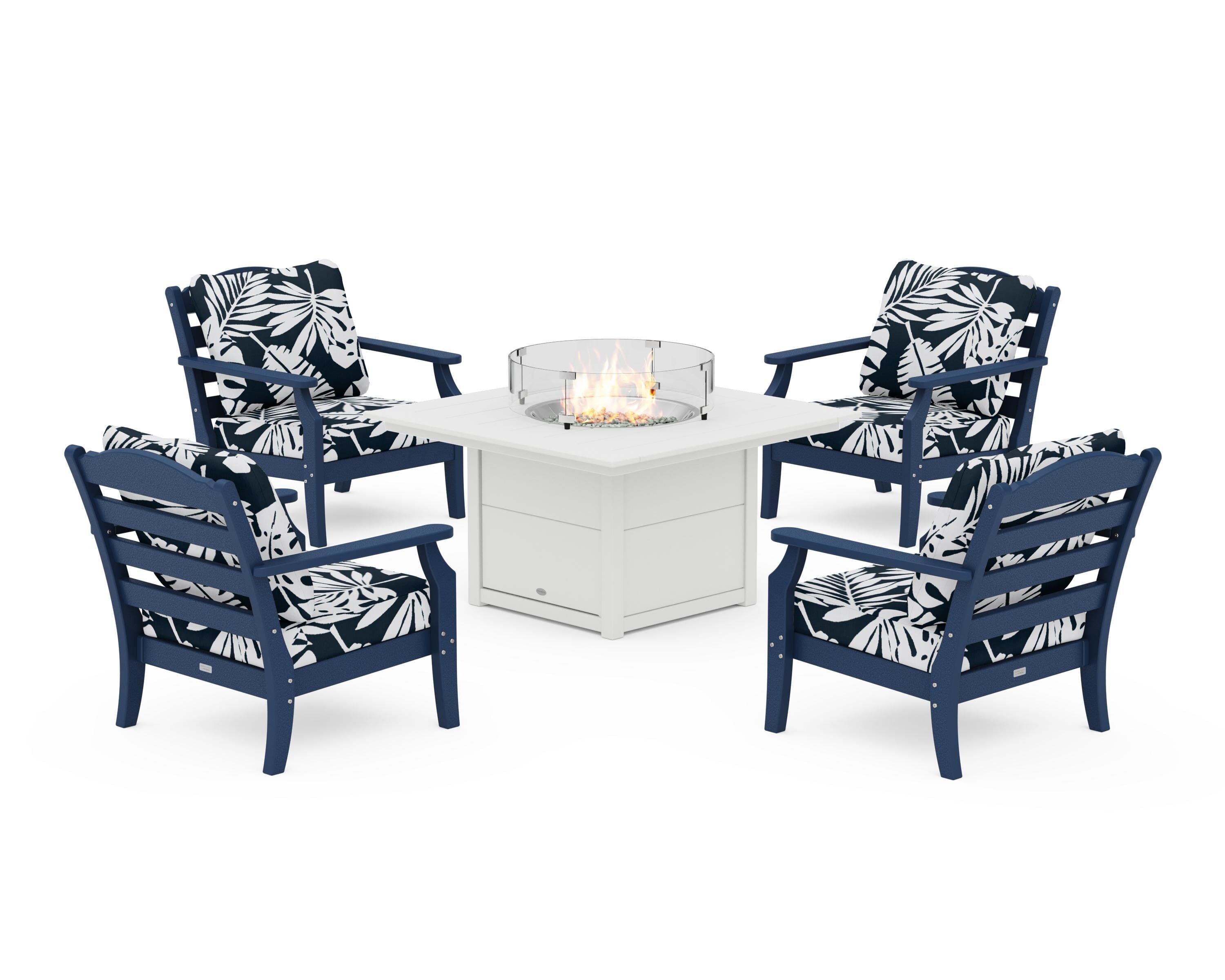 Draper James™ by  POLYWOOD® Savannah 5-Piece Deep Seating Set with Fire Pit Table in Navy / Leaf Marine Indigo