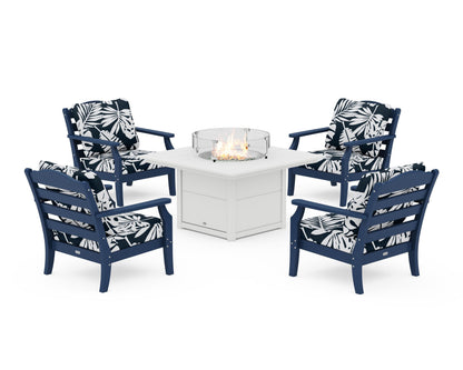 Draper James™ by  POLYWOOD® Savannah 5-Piece Deep Seating Set with Fire Pit Table in Navy / Leaf Marine Indigo