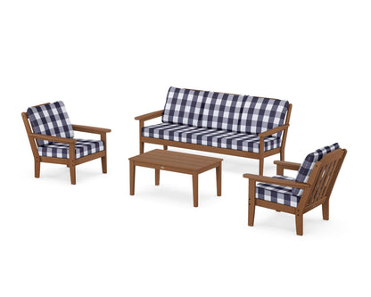 Country Living Cottage 4-Piece Deep Seating Set with Sofa in Teak / Buffalo Plaid Navy