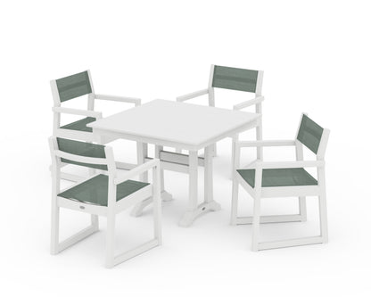 POLYWOOD® EDGE Sling 5-Piece Farmhouse Dining Set with Trestle Legs in White / Dupioni Sea Mist Sling