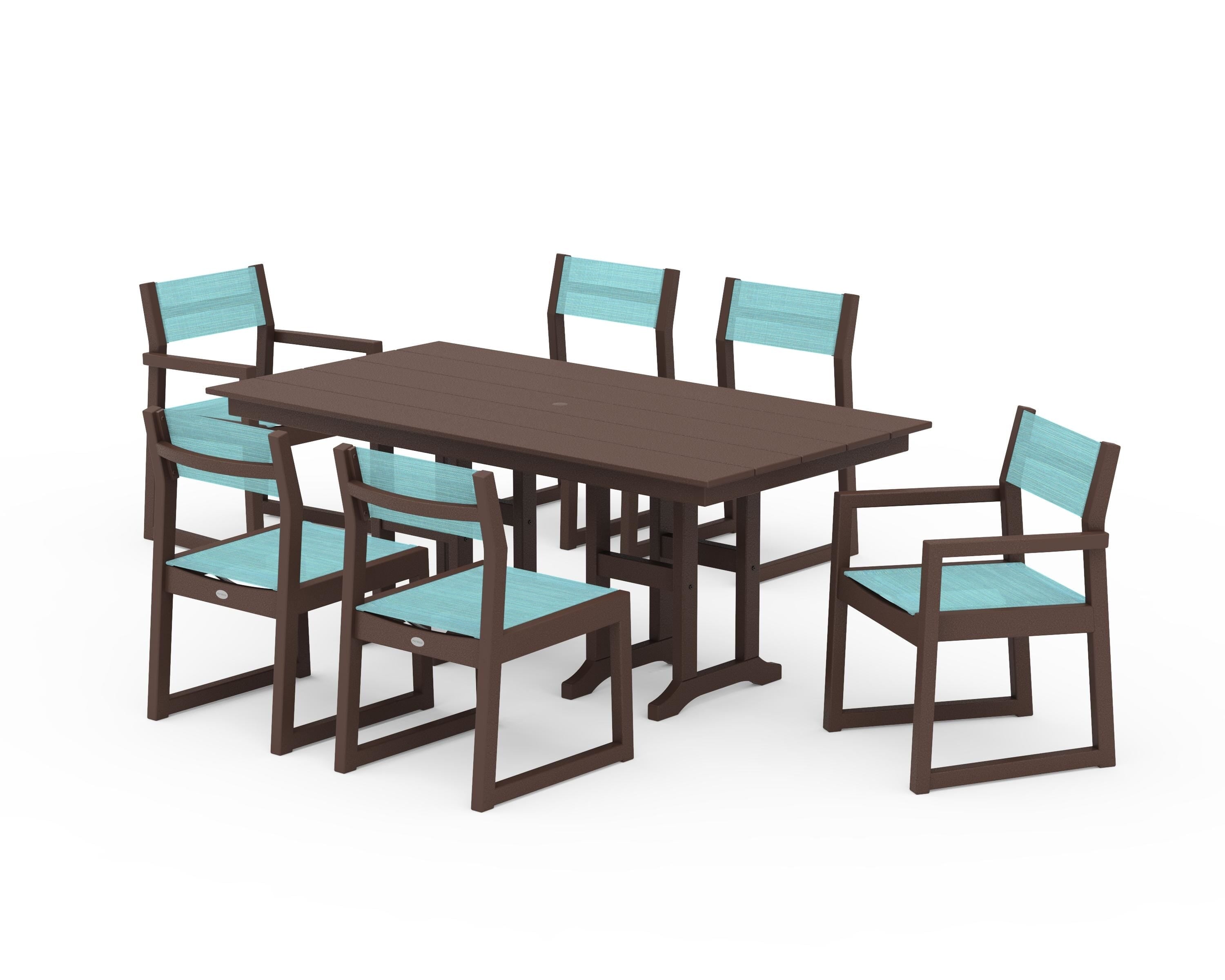 POLYWOOD® EDGE Sling 7-Piece Farmhouse Dining Set in Mahogany / Dupioni Aquamarine Sling