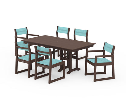 POLYWOOD® EDGE Sling 7-Piece Farmhouse Dining Set in Mahogany / Dupioni Aquamarine Sling