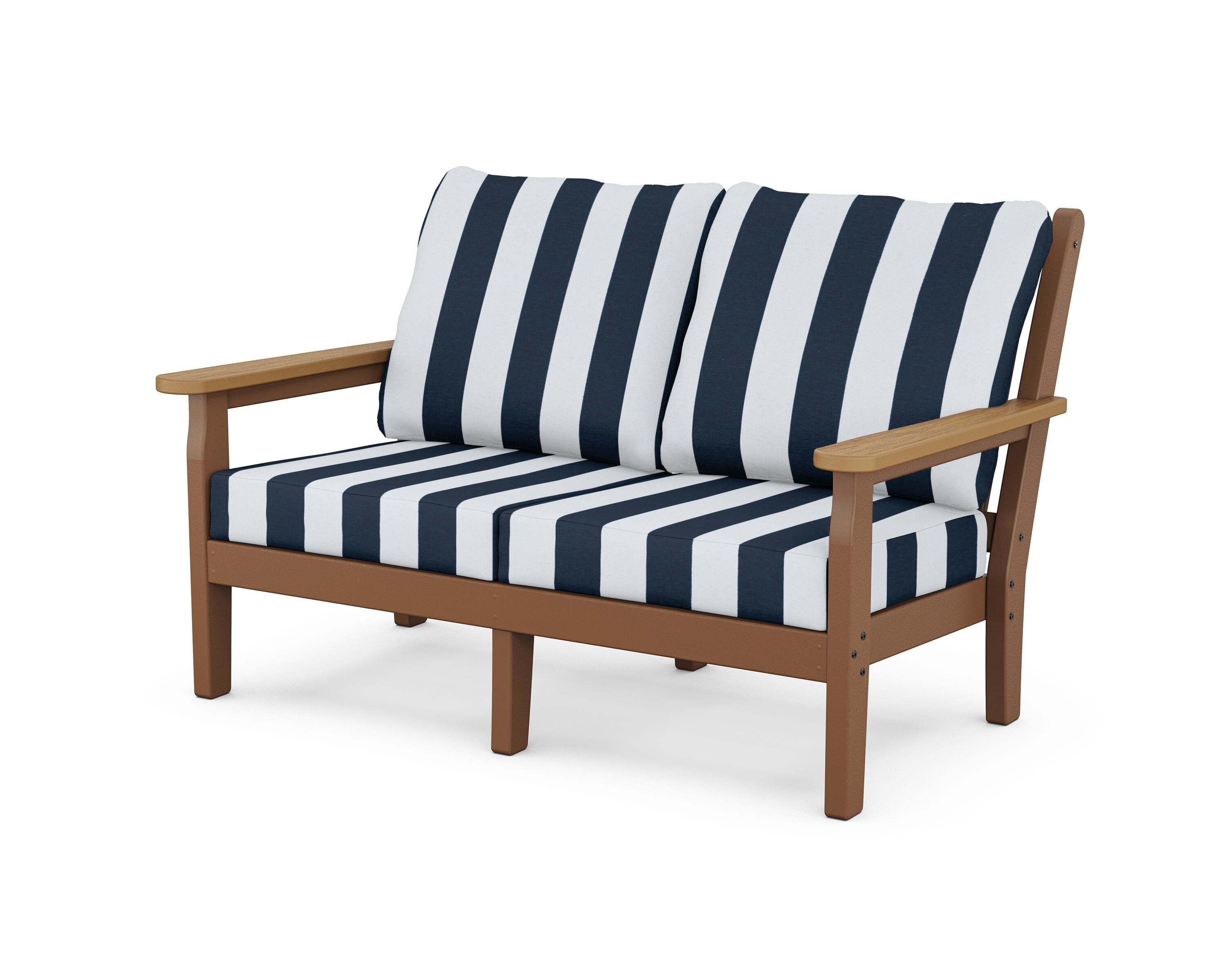 POLYWOOD® Chippendale Deep Seating Loveseat in Teak / Natural / Cabana Stripe Marine Indigo