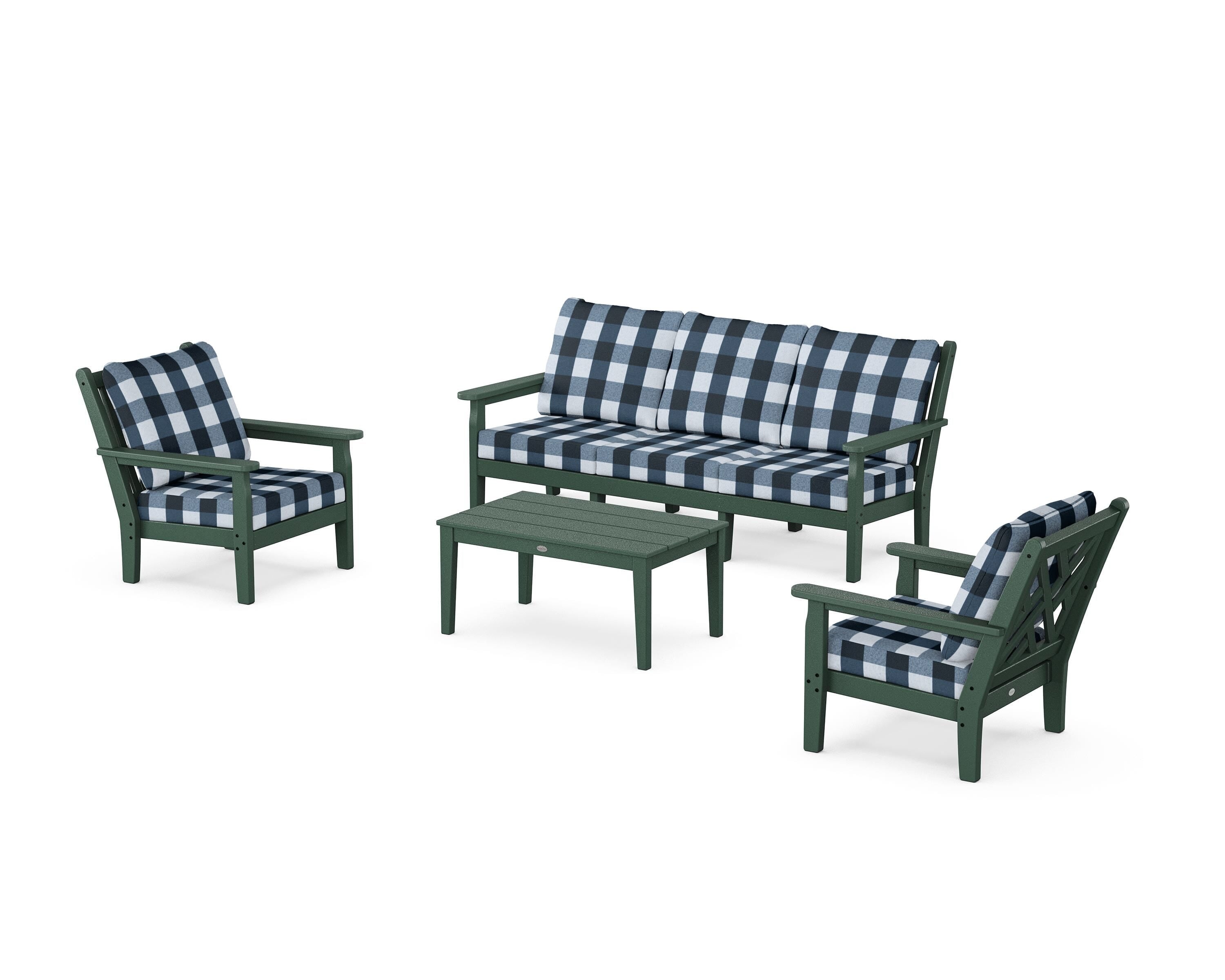 POLYWOOD® Chippendale 4-Piece Deep Seating Set with Sofa in Green / Buffalo Plaid Marine Indigo