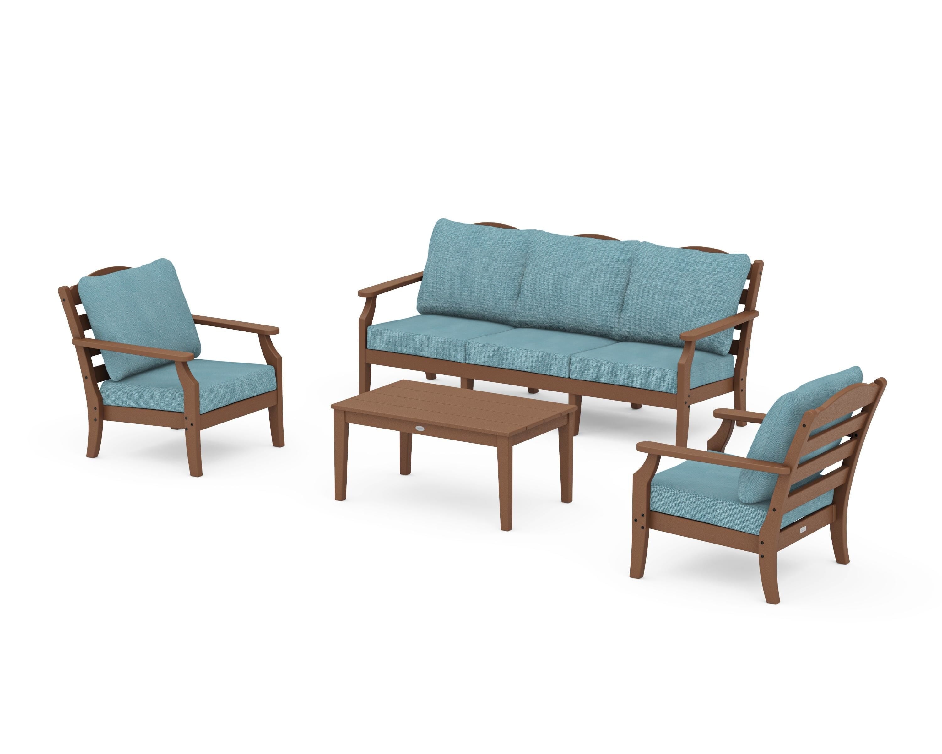 Draper James™ by  POLYWOOD® Savannah 4-Piece Deep Seating Set with Sofa in Teak / Lattice Sky Blue