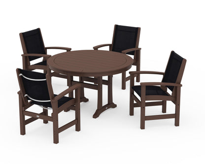 POLYWOOD® Coastal 5-Piece Round Dining Set with Trestle Legs in Mahogany / Black Sling