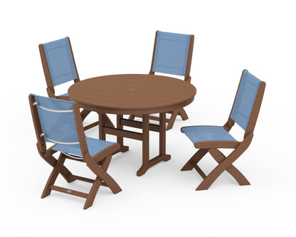 POLYWOOD® Coastal Folding Side Chair 5-Piece Round Dining Set in Teak / Poolside Sling