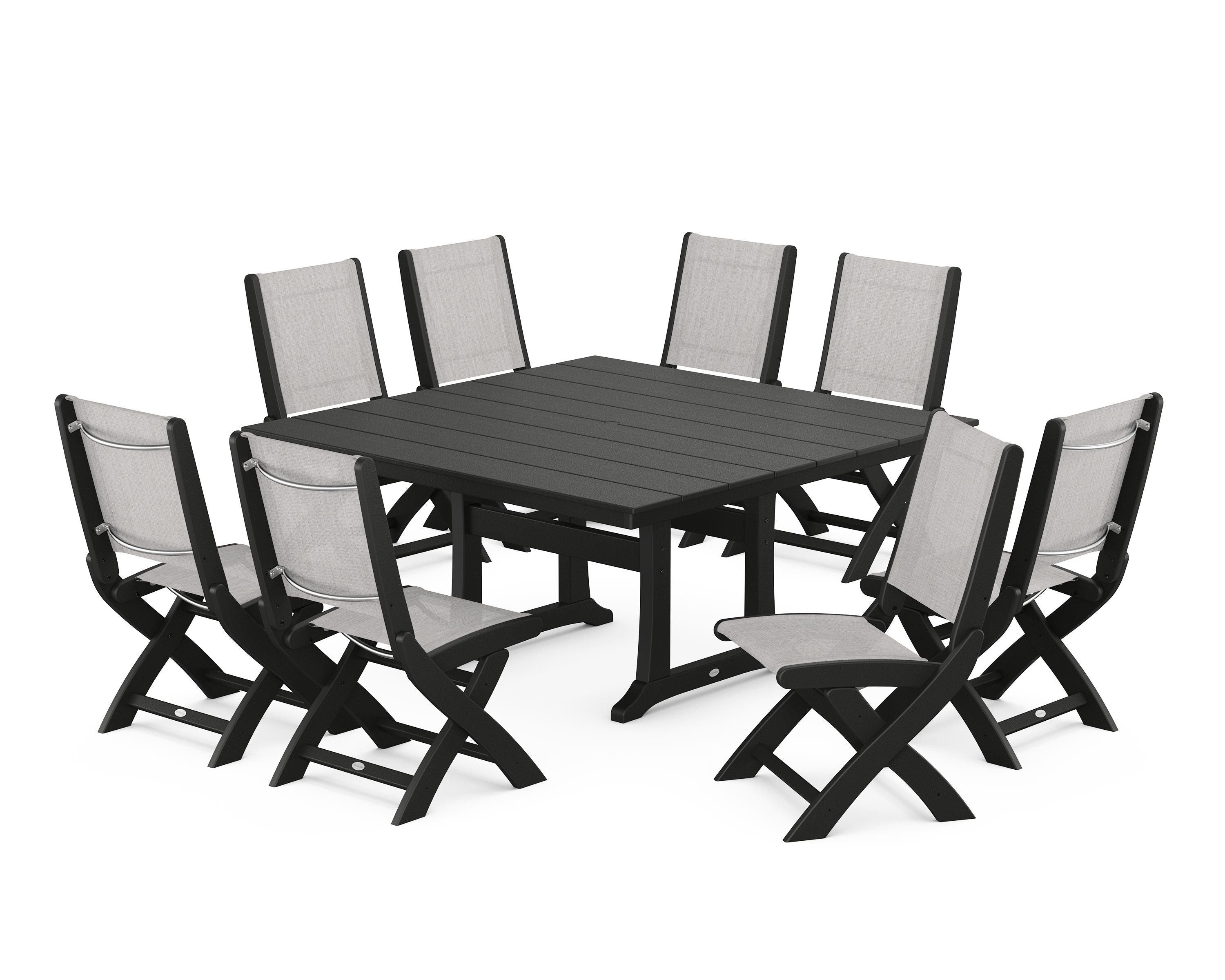POLYWOOD® Coastal Folding Side Chair 9-Piece Farmhouse Dining Set in Black / Parchment Sling