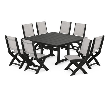 POLYWOOD® Coastal Folding Side Chair 9-Piece Farmhouse Dining Set in Black / Parchment Sling