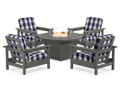 POLYWOOD® Club 5-Piece Conversation Set with Fire Pit Table in Slate Grey / Buffalo Plaid Navy