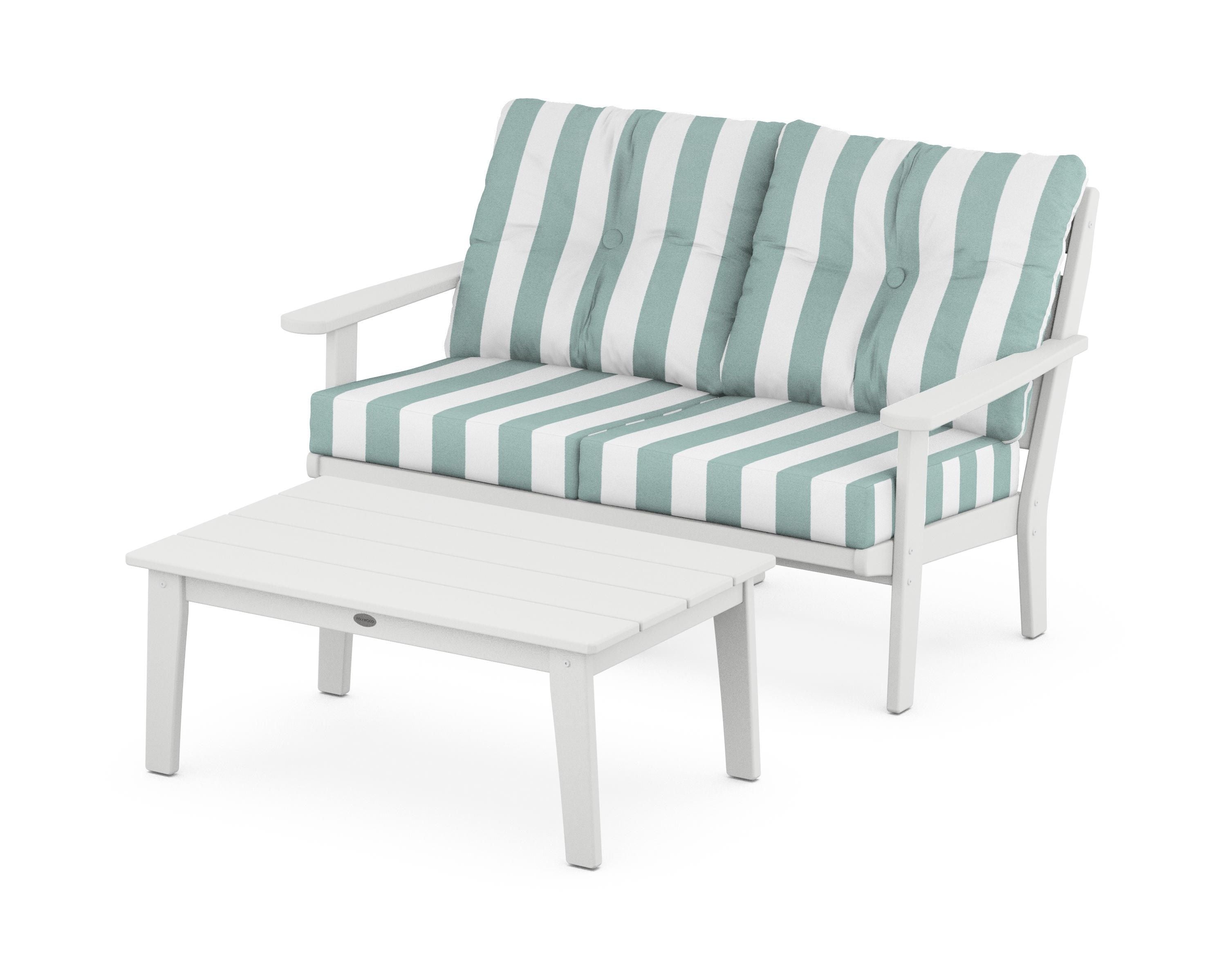 POLYWOOD® Lakeside 2-Piece Lounge Loveseat Set in White / Cabana Stripe Glacier Spa