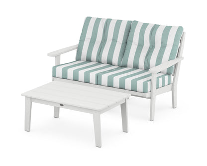 POLYWOOD® Lakeside 2-Piece Lounge Loveseat Set in White / Cabana Stripe Glacier Spa