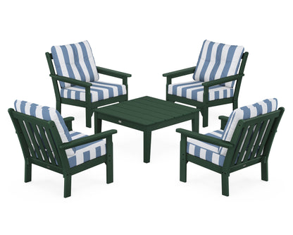 POLYWOOD® Vineyard 5-Piece Deep Seating Conversation Set in Green / Cabana Stripe Sky Blue