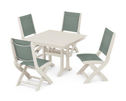 POLYWOOD® Coastal Folding Side Chair 5-Piece Farmhouse Dining Set With Trestle Legs in Sand / Dupioni Sea Mist Sling