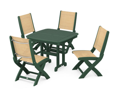 POLYWOOD® Coastal Folding Side Chair 5-Piece Dining Set in Green / Dupioni Apricot Sling