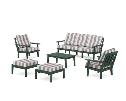 POLYWOOD® Oxford 6-Piece Lounge Sofa Set in Green / Cabana Stripe Grey Mist