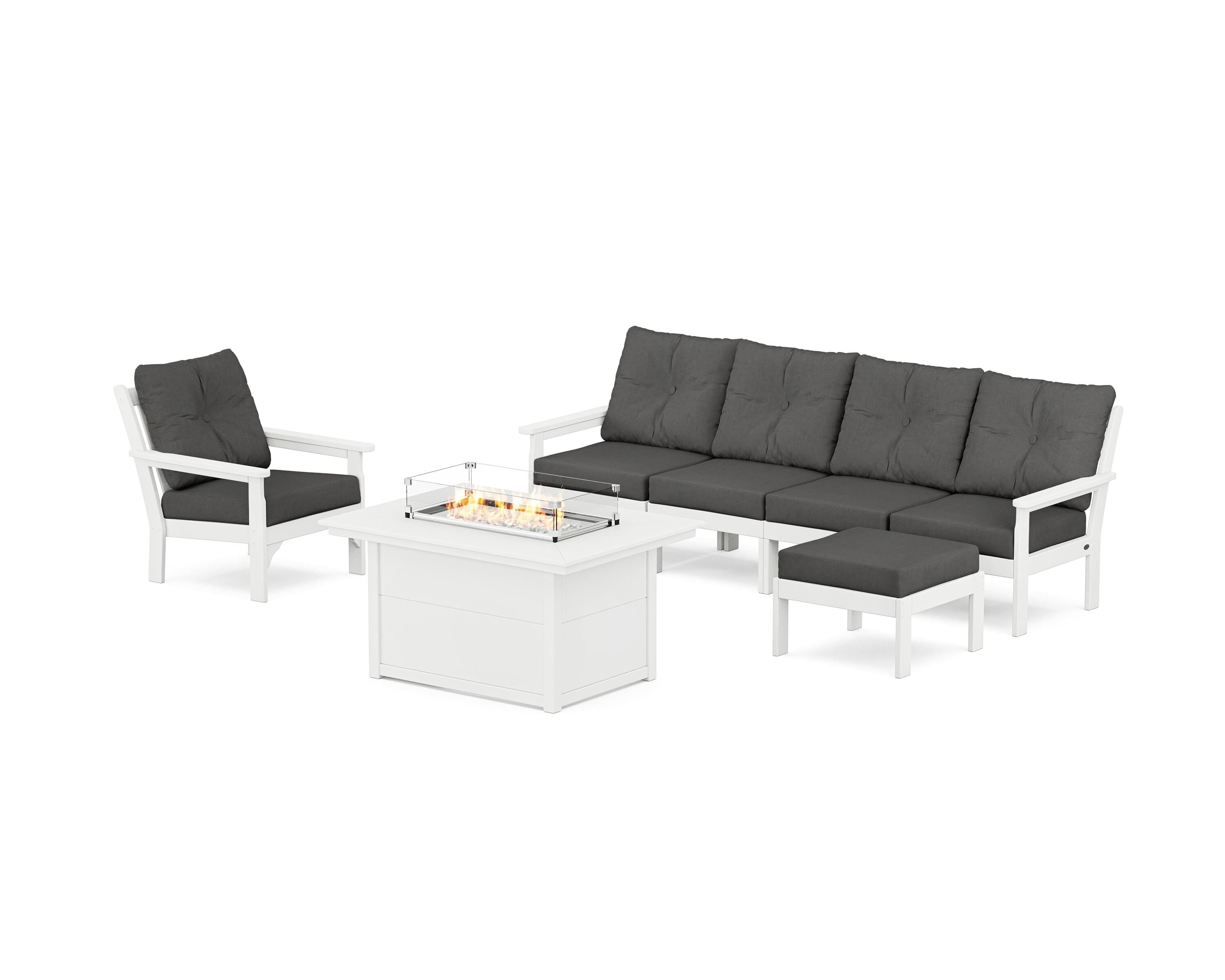 POLYWOOD® Vineyard Sectional Lounge and Fire Pit Set in White / Spectrum Carbon