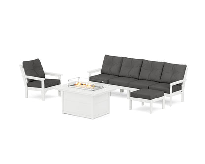 POLYWOOD® Vineyard Sectional Lounge and Fire Pit Set in White / Spectrum Carbon