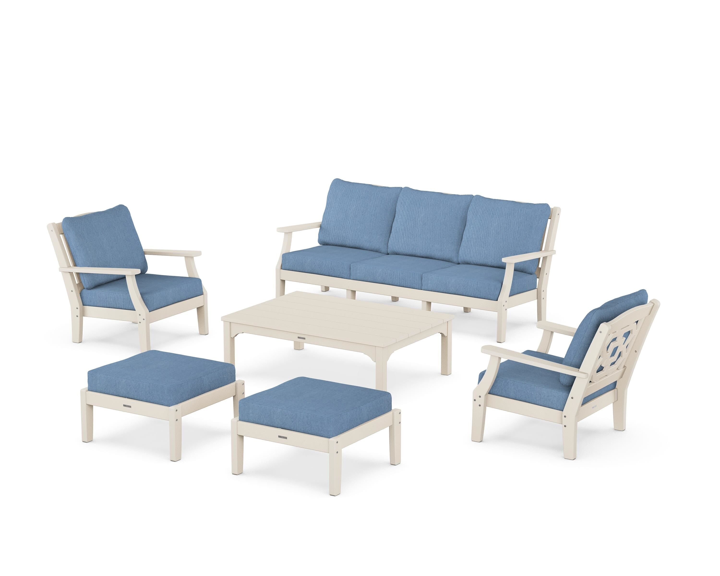 Martha Stewart by POLYWOOD® Chinoiserie 6-Piece Lounge Sofa Set in Sand / Sky Blue