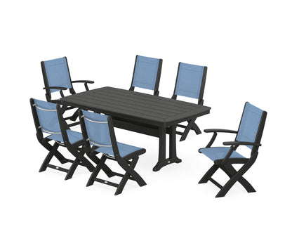 POLYWOOD® Coastal Folding Chair 7-Piece Dining Set with Trestle Legs in Black / Poolside Sling