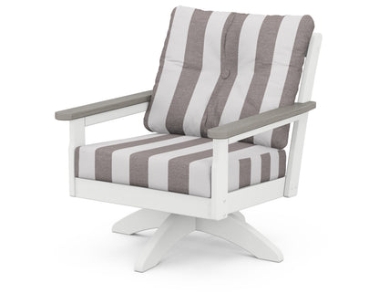 POLYWOOD® Vineyard Deep Seating Swivel Chair in White / Driftwood / Cabana Stripe Grey Mist
