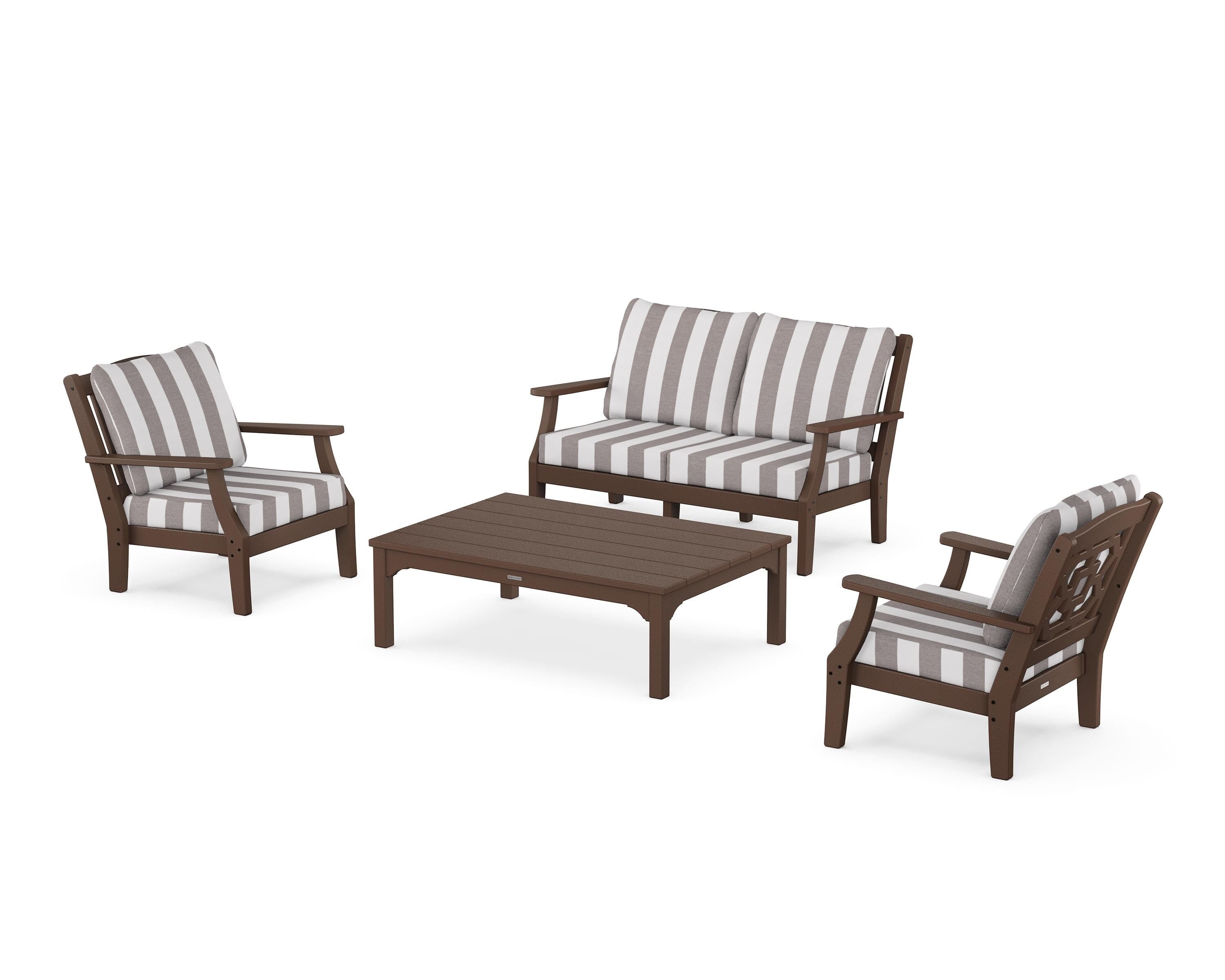 Martha Stewart by POLYWOOD® Chinoiserie 4-Piece Deep Seating Set with Loveseat in Mahogany / Cabana Stripe Grey Mist