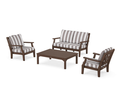 Martha Stewart by POLYWOOD® Chinoiserie 4-Piece Deep Seating Set with Loveseat in Mahogany / Cabana Stripe Grey Mist