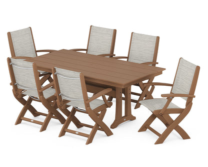 POLYWOOD® Coastal Folding Arm Chair 7-Piece Farmhouse Dining Set with Trestle Legs in Teak / Birch Sling