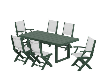 POLYWOOD® Coastal Folding Chair 7-Piece Dining Set with Trestle Legs in Green / White Sling