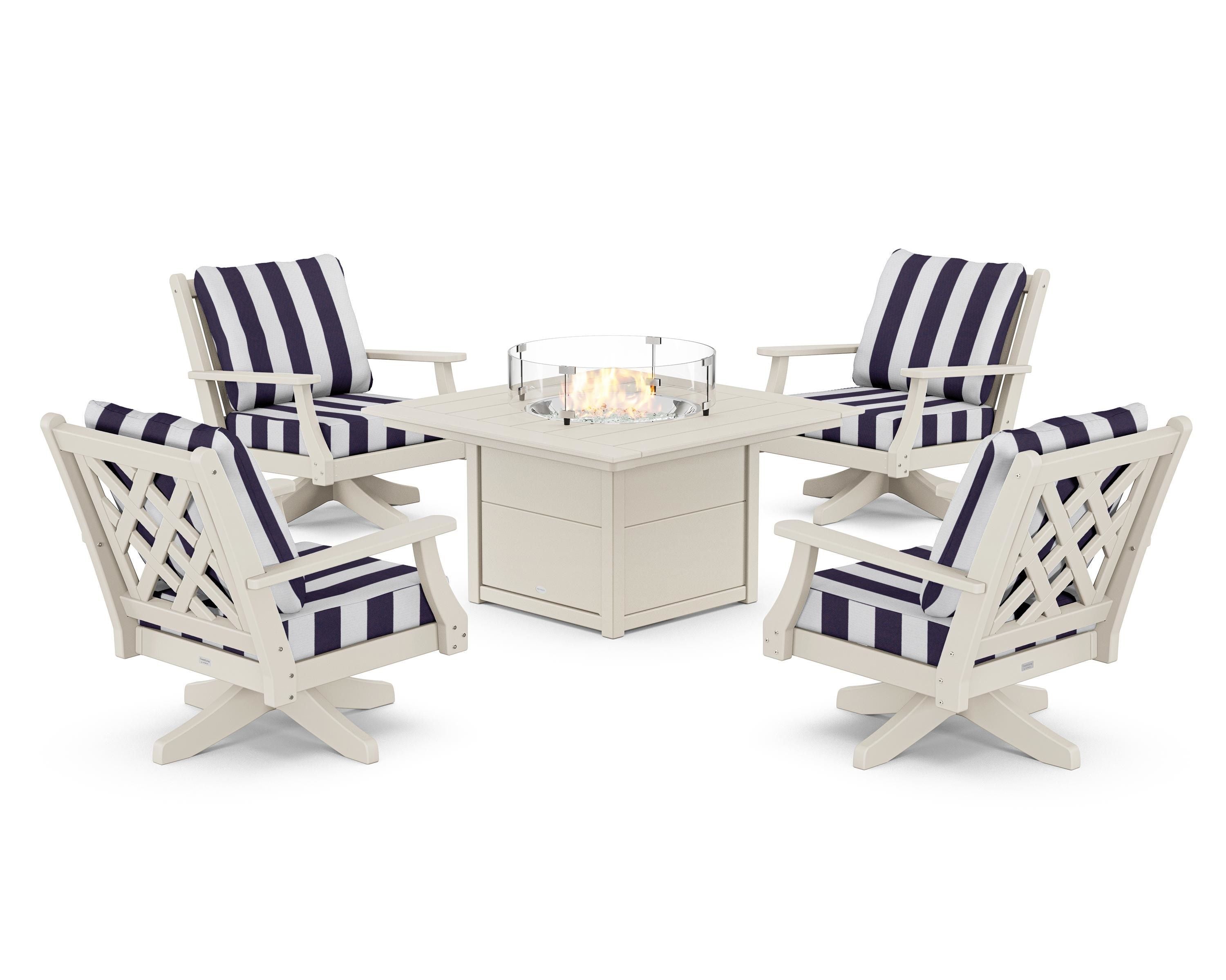Country Living Wovendale 5-Piece Deep Seating Swivel Conversation Set with Fire Pit Table in Sand / Cabana Stripe Navy