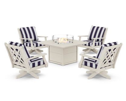 Country Living Wovendale 5-Piece Deep Seating Swivel Conversation Set with Fire Pit Table in Sand / Cabana Stripe Navy