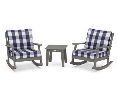 POLYWOOD® Braxton 3-Piece Deep Seating Rocker Set in Slate Grey / Buffalo Plaid Navy