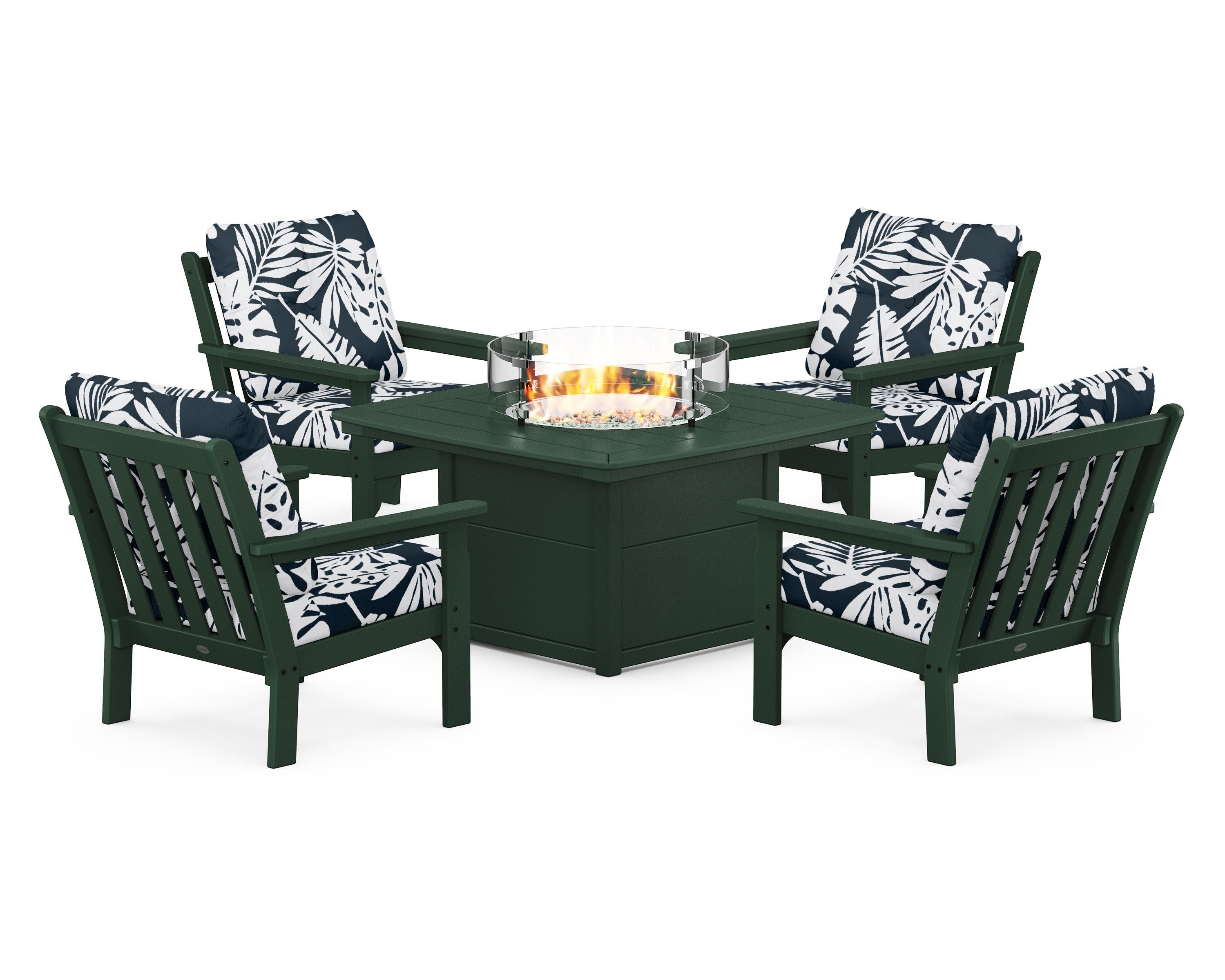 POLYWOOD® Vineyard 5-Piece Conversation Set with Fire Pit Table in Green / Leaf Marine Indigo