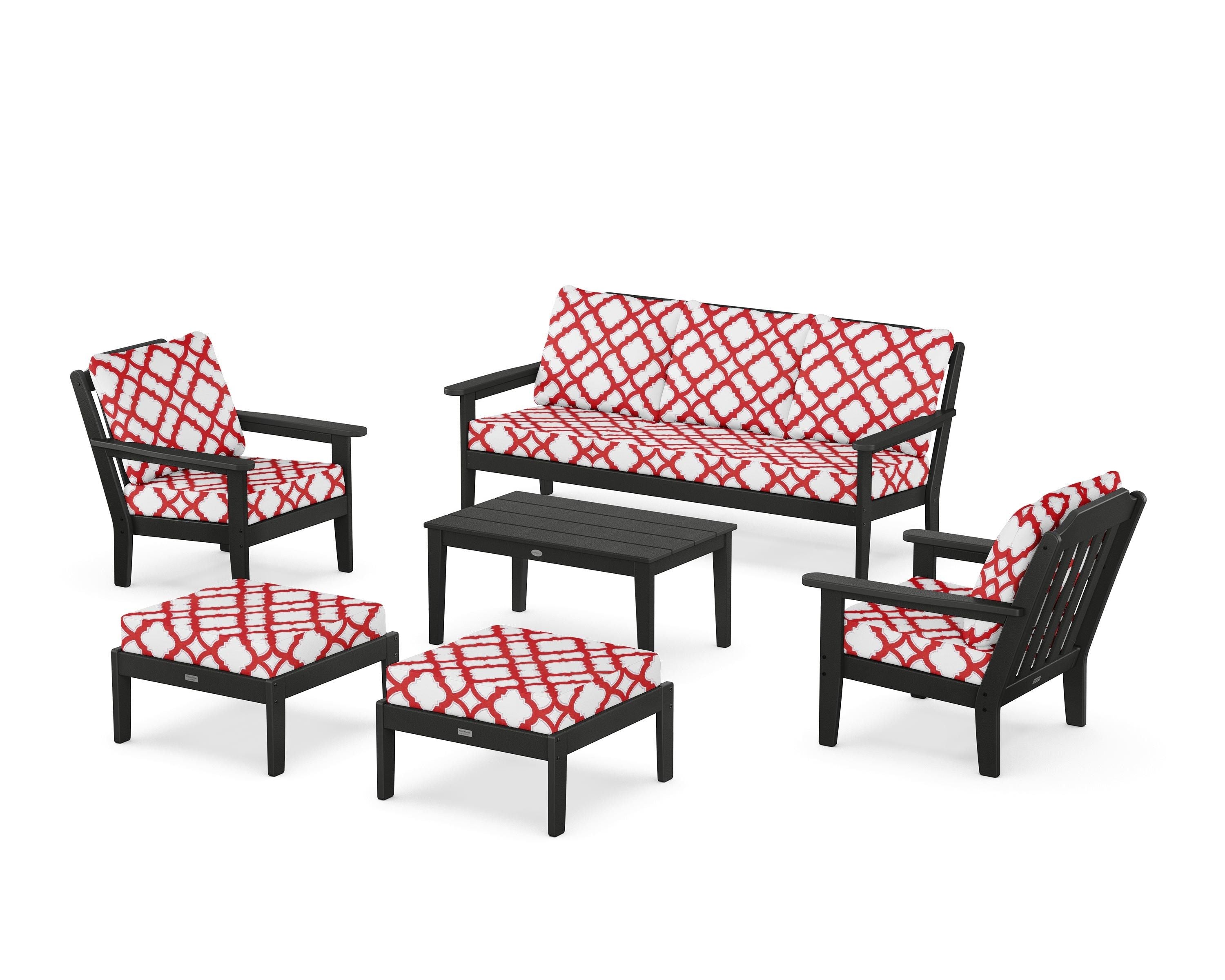 Country Living Cottage 6-Piece Lounge Sofa Set in Black / Trellis Crimson