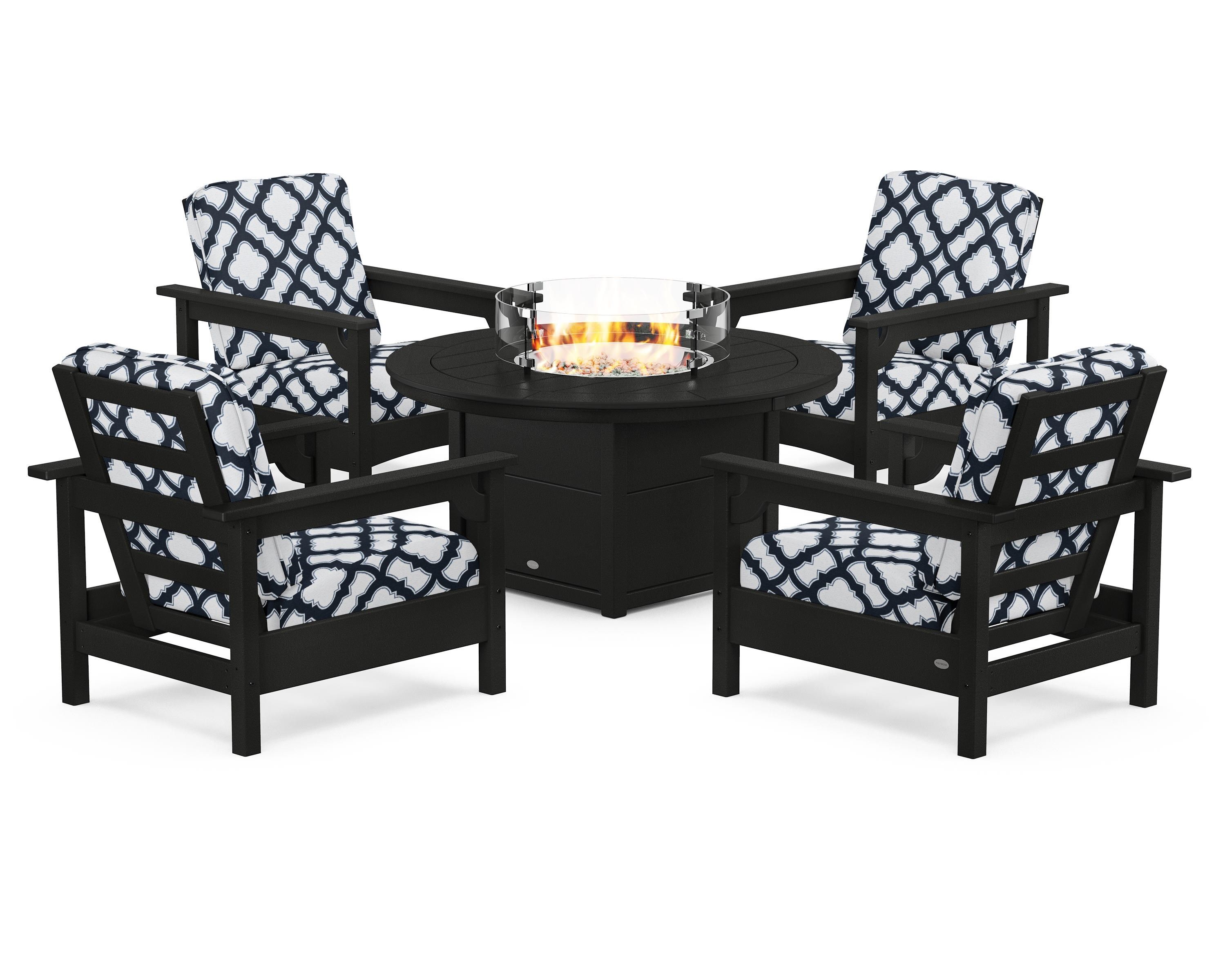 POLYWOOD® Club 5-Piece Conversation Set with Fire Pit Table in Black / Trellis Marine Indigo