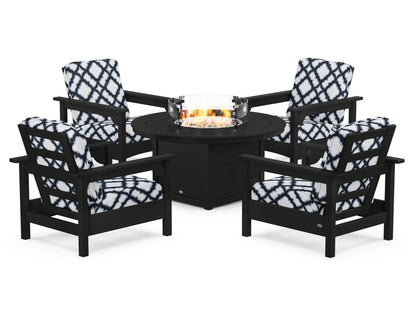 POLYWOOD® Club 5-Piece Conversation Set with Fire Pit Table in Black / Trellis Marine Indigo