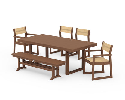 POLYWOOD® EDGE Sling 6-Piece Dining Set with Bench in Teak / Dupioni Apricot Sling