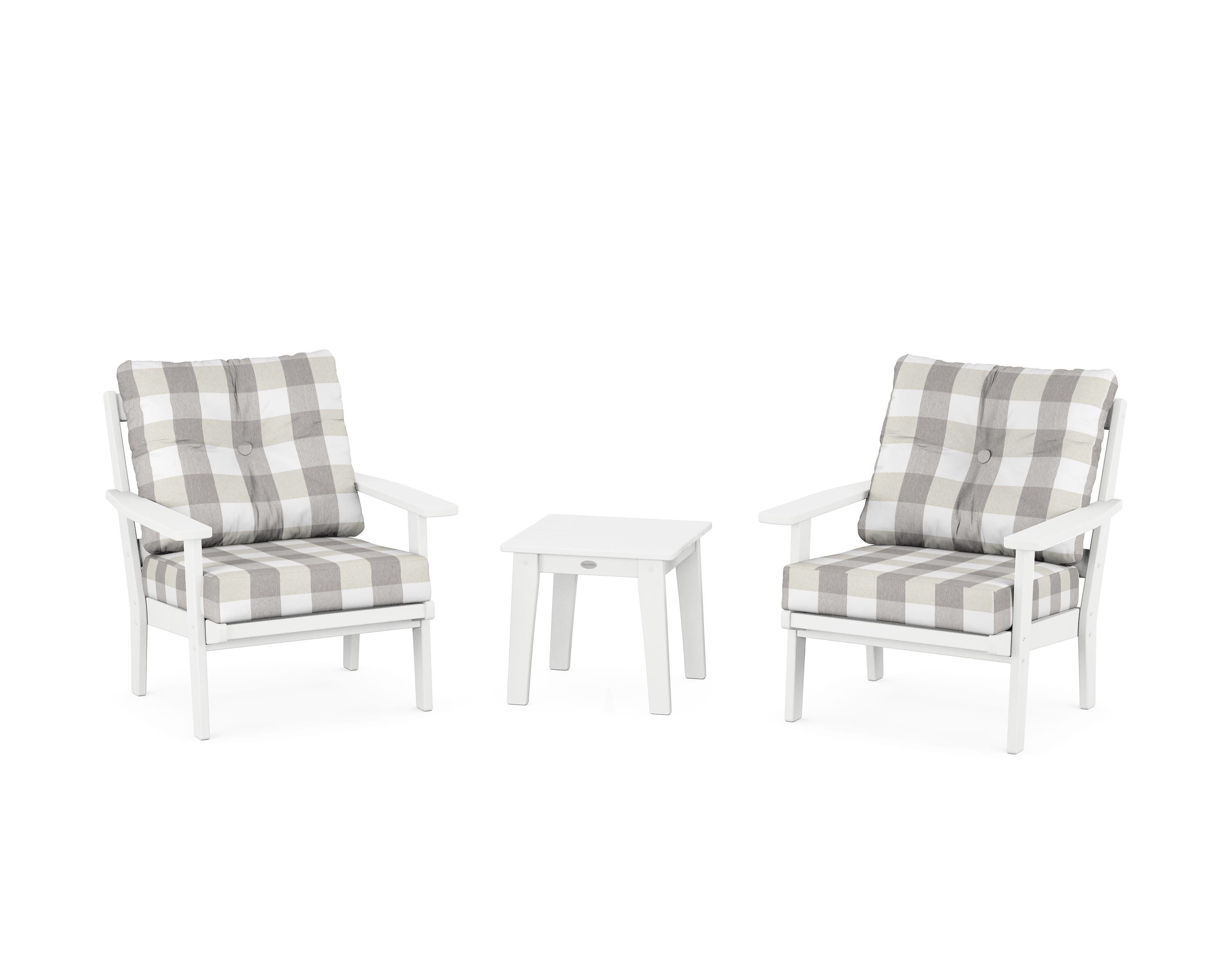 POLYWOOD® Oxford 3-Piece Deep Seating Set in White / Buffalo Plaid Grey Mist