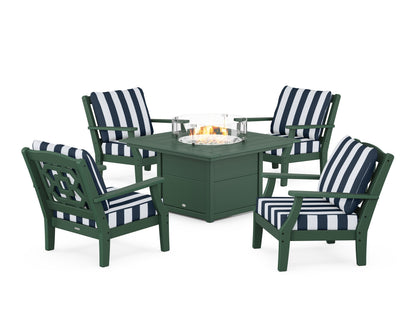 Martha Stewart by POLYWOOD® Chinoiserie 5-Piece Deep Seating Set with Fire Pit Table in Green / Cabana Stripe Marine Indigo