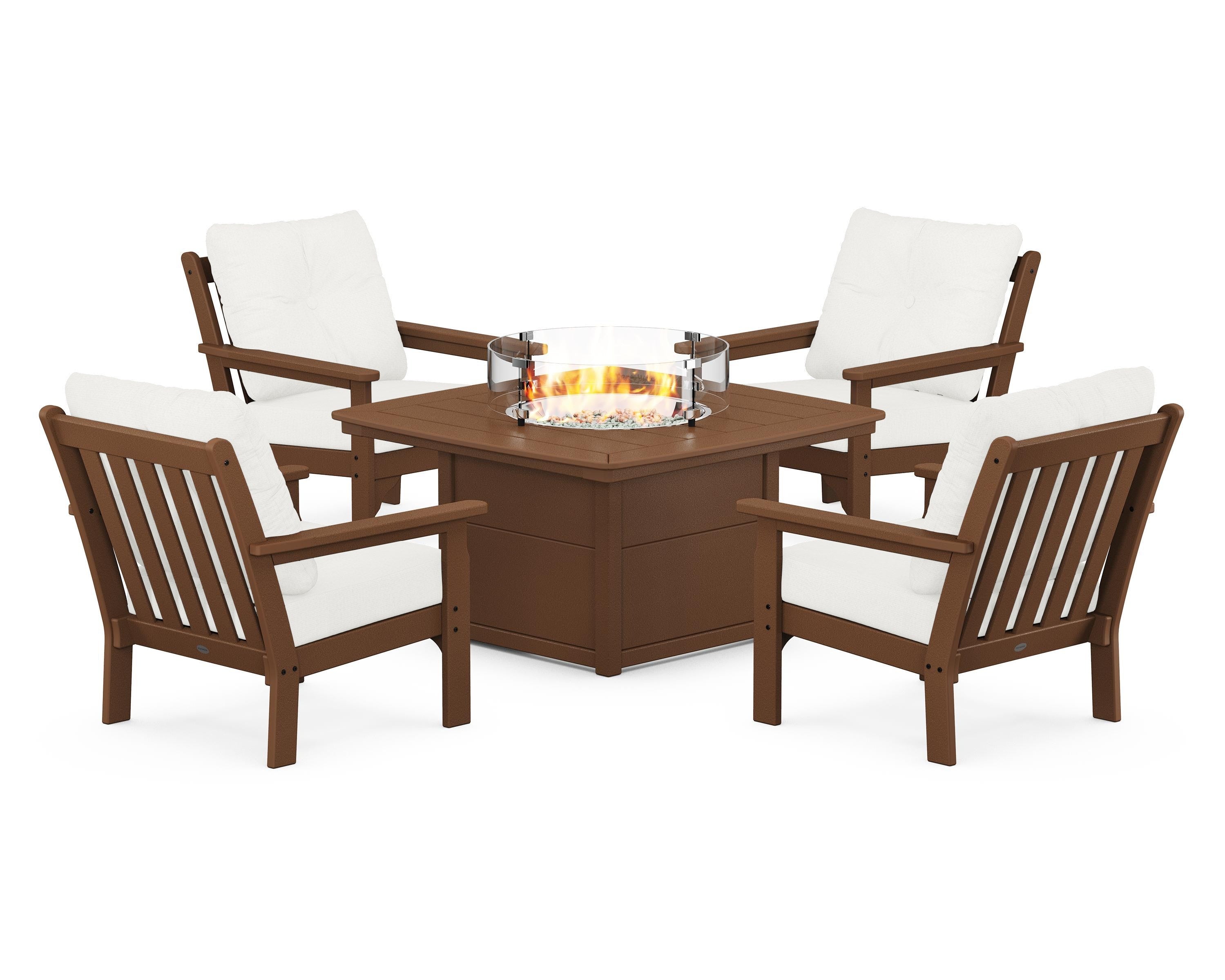 POLYWOOD® Vineyard 5-Piece Conversation Set with Fire Pit Table in Teak / Natural Linen