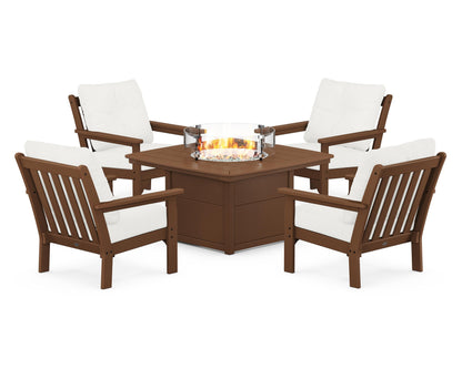 POLYWOOD® Vineyard 5-Piece Conversation Set with Fire Pit Table in Teak / Natural Linen
