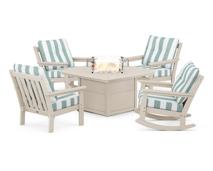 POLYWOOD® Vineyard 5-Piece Deep Seating Rocking Chair Conversation Set with Fire Pit Table in Sand / Cabana Stripe Glacier Spa